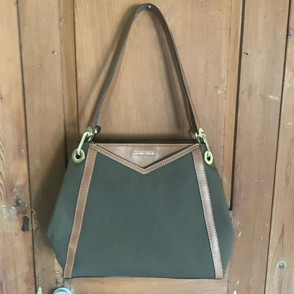 Michael Kors Raven olive green canvas tan leather satchel shoulder bag NWT